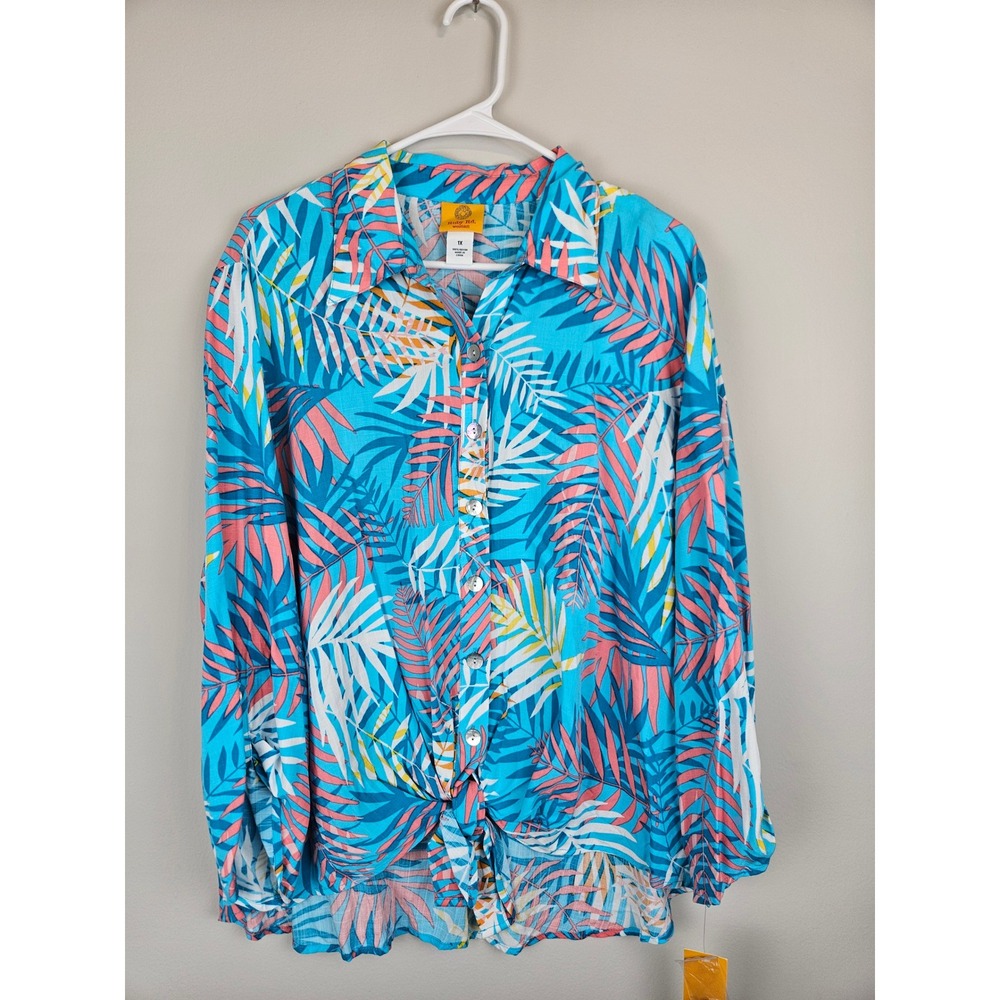 Ruby Rd Woman 1X Tropical Palm Print Button Front Roll Tab Tie Hem Rayon Top NEW
